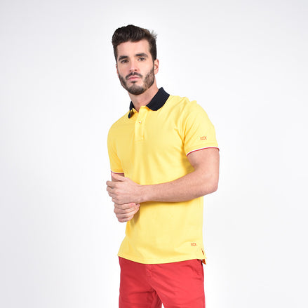 Yellow Polo with Double Sided Navy Collar with Multi Colored Stripes Polos Eight-X