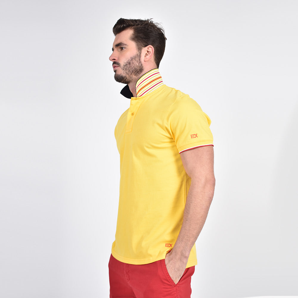 Yellow Polo with Double Sided Navy Collar with Multi Colored Stripes Polos Eight-X