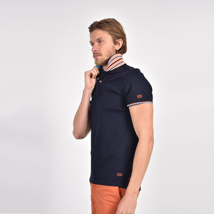 Navy Polo with Double Sided Blue Collar with Multi colored Stripes Polos Eight-X