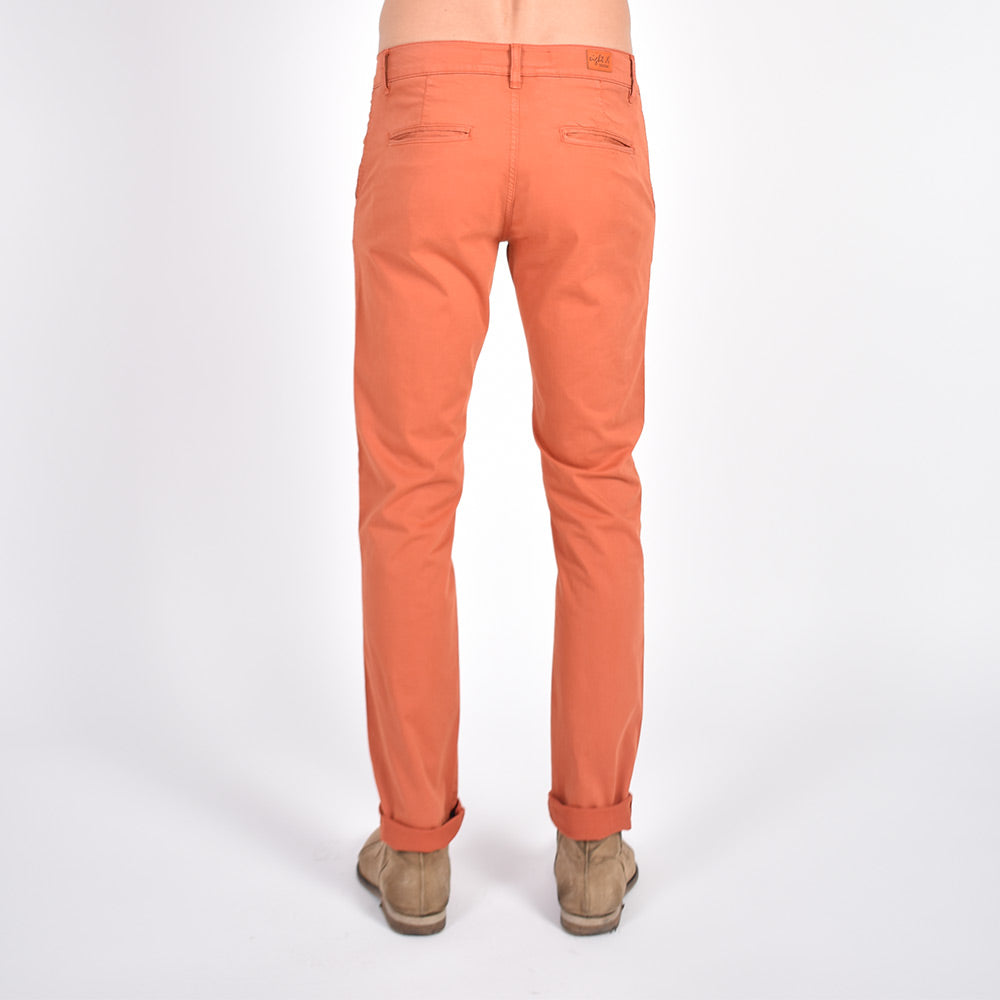 Model Wearing Terra Orange, Slim Fit Chinos, Back View Showing Pockets