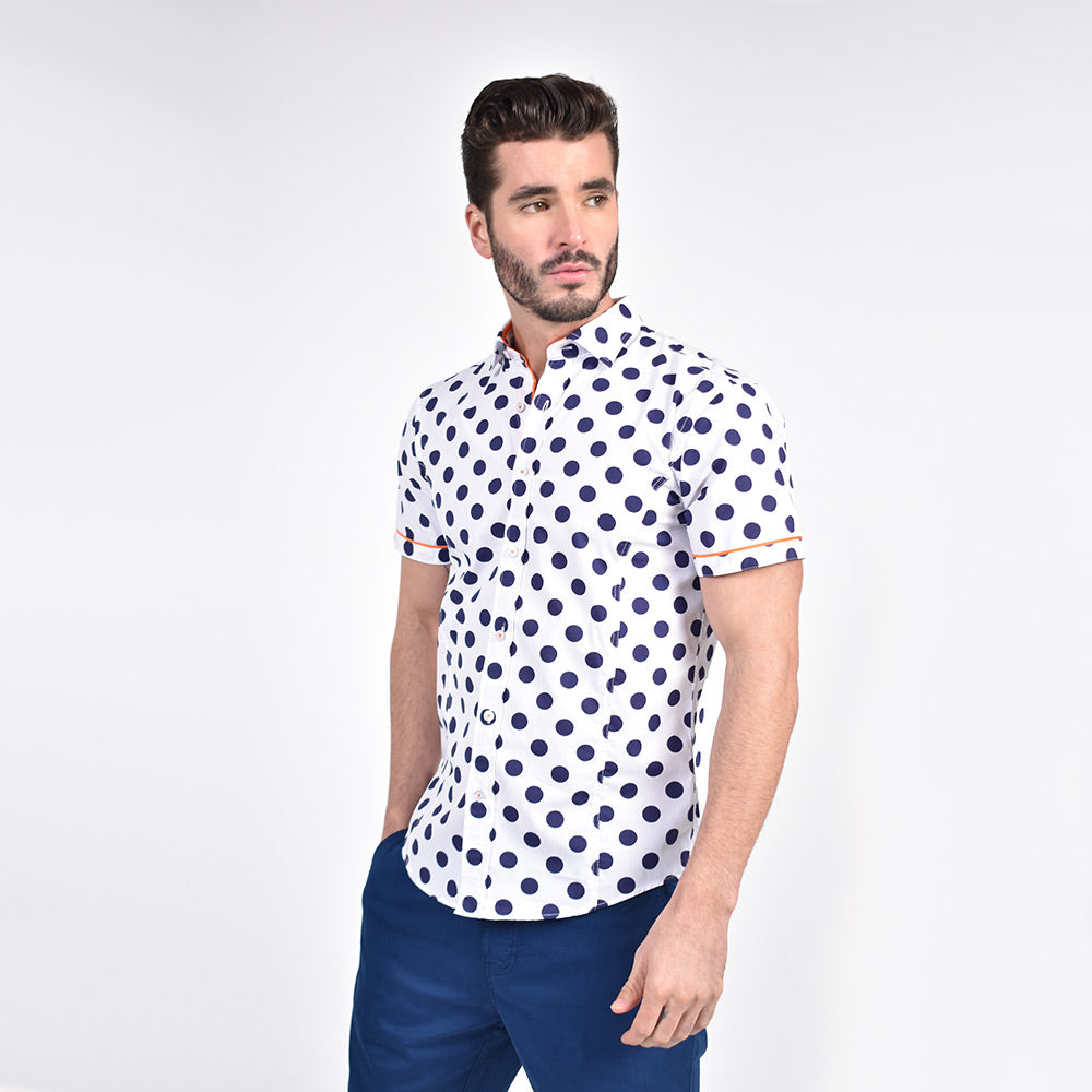 Jet Blue Polka Dot Short Sleeve Shirt with Orange Trim Short Sleeve Button Down Eight-X   