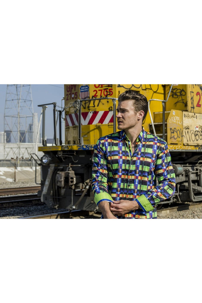 Multi Color Modern Button Down Shirt W/Lime Trim Long Sleeve Button Down EightX   