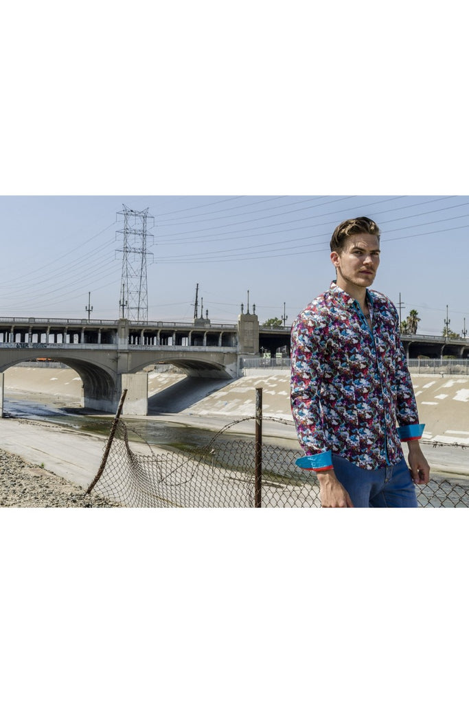 Button Down Print Shirt W/Blue Trim Long Sleeve Button Down EightX   