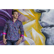 Funky Guitars Button Down Print Shirt W/Trim Long Sleeve Button Down EightX   