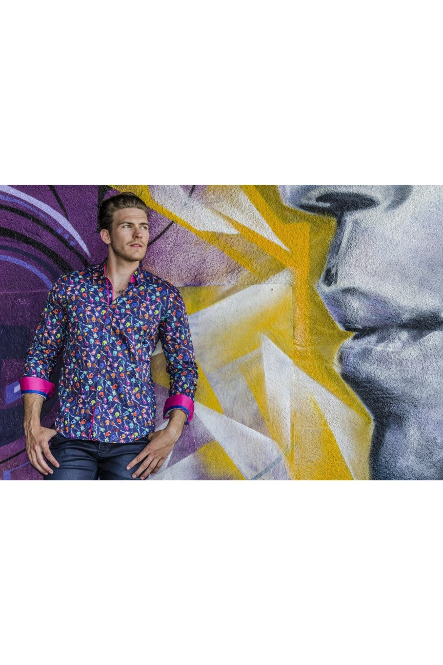 funky men's dress shirts Retro 70s Long Sleeve Men Button Up Shirt, Vintage Trippy Groovy Funky Orange Psychedelic Print Dress Buttoned Collared Dress Chest Pocket