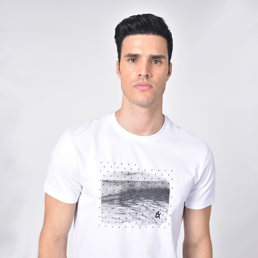 Model in white, short-sleeve cotton crew-neck with silicone print design on front.
