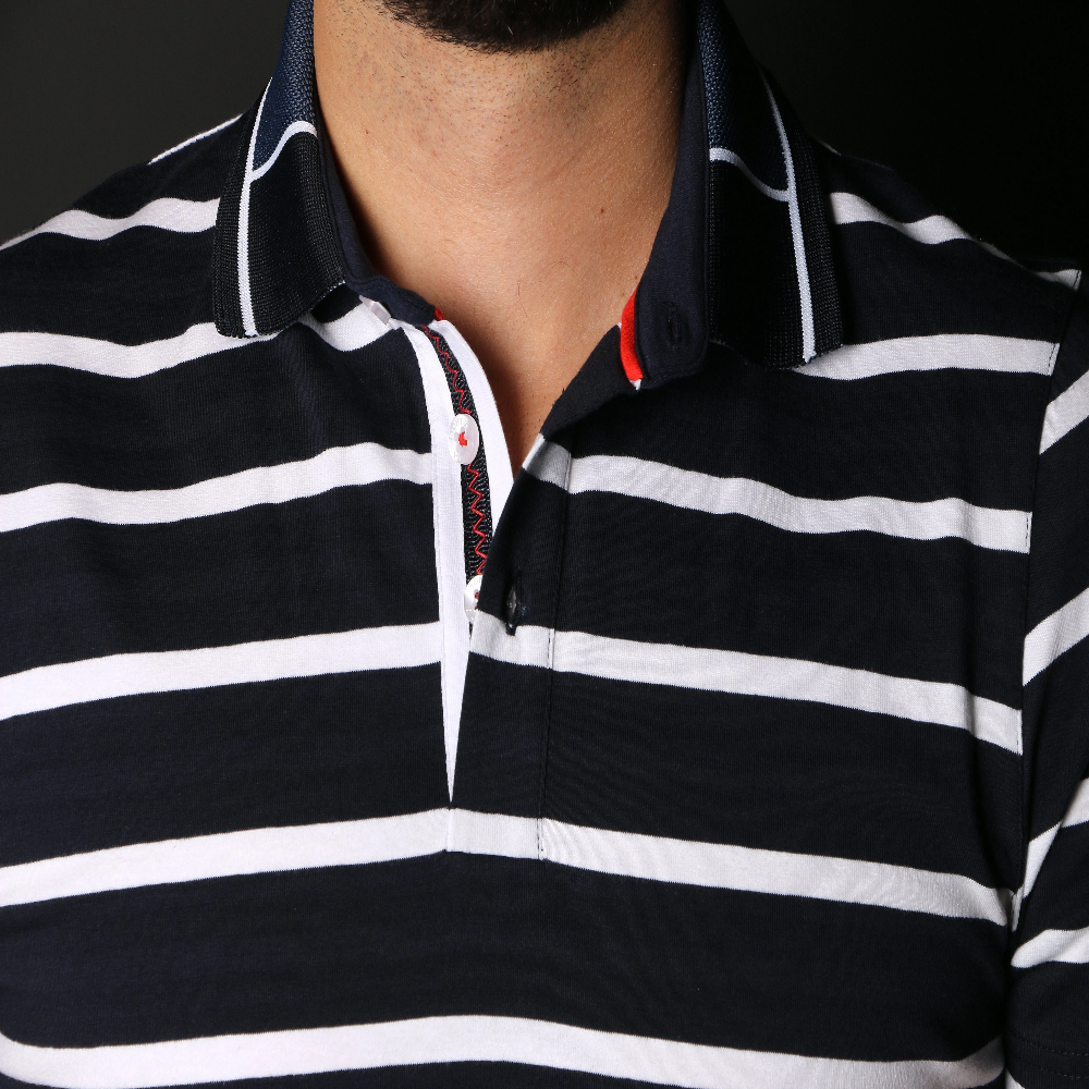 Navy Striped Polo With Red Trim Polos EightX