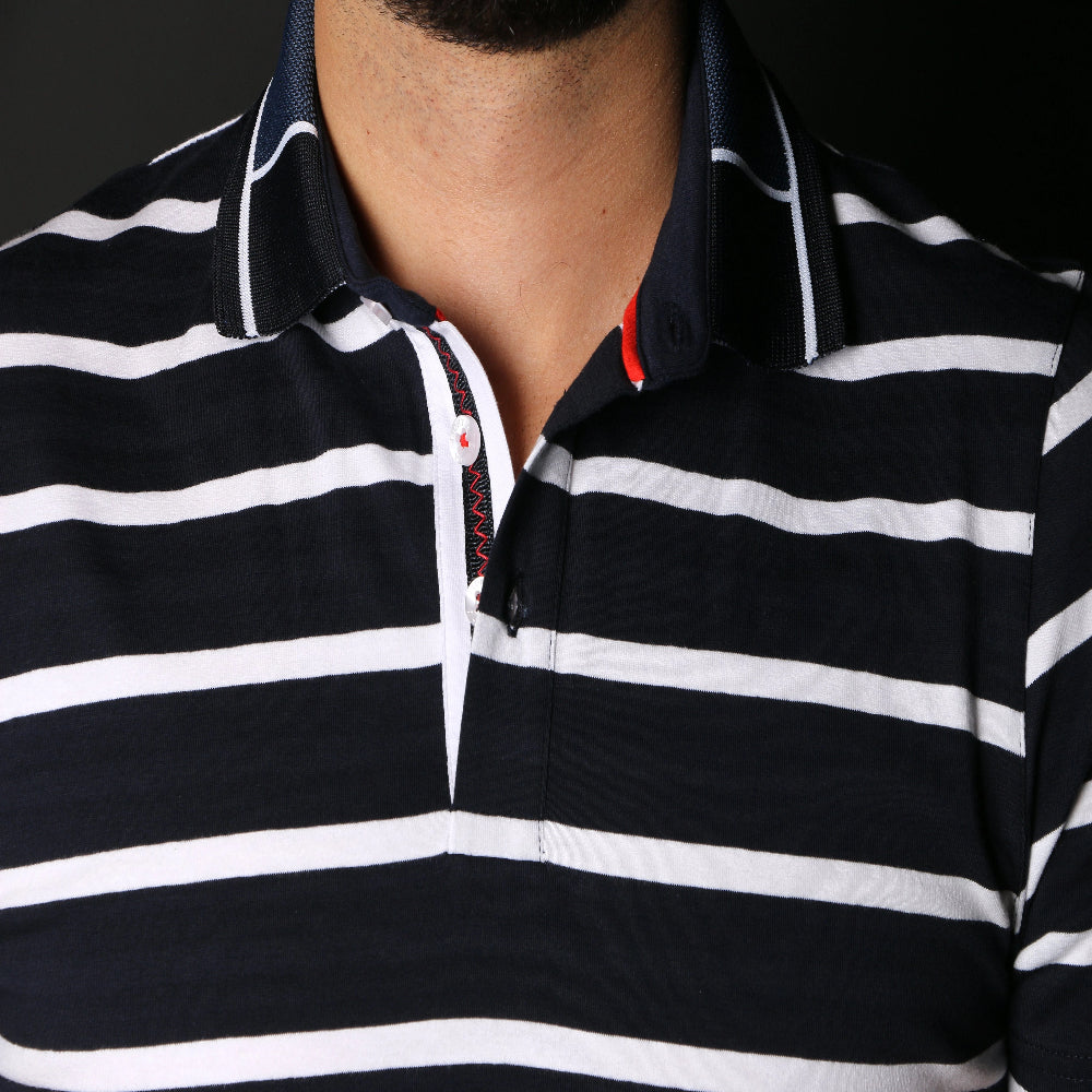 Navy Striped Polo With Red Trim Polos EightX   