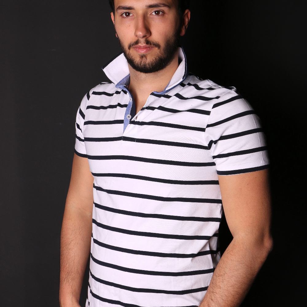 White And Navy Striped Polo With Trim Polos EightX WHITE S