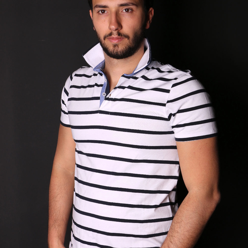 White And Navy Striped Polo With Trim Polos EightX WHITE S 