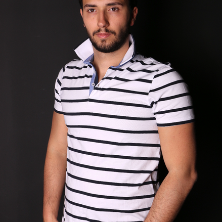 White And Navy Striped Polo With Trim Polos EightX WHITE S