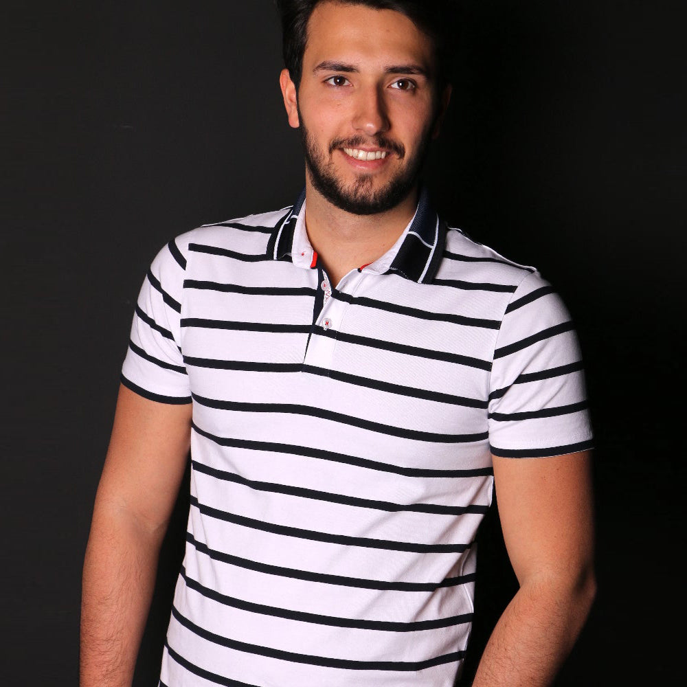 White Striped Polo With Contrasting Collar Polos EightX   
