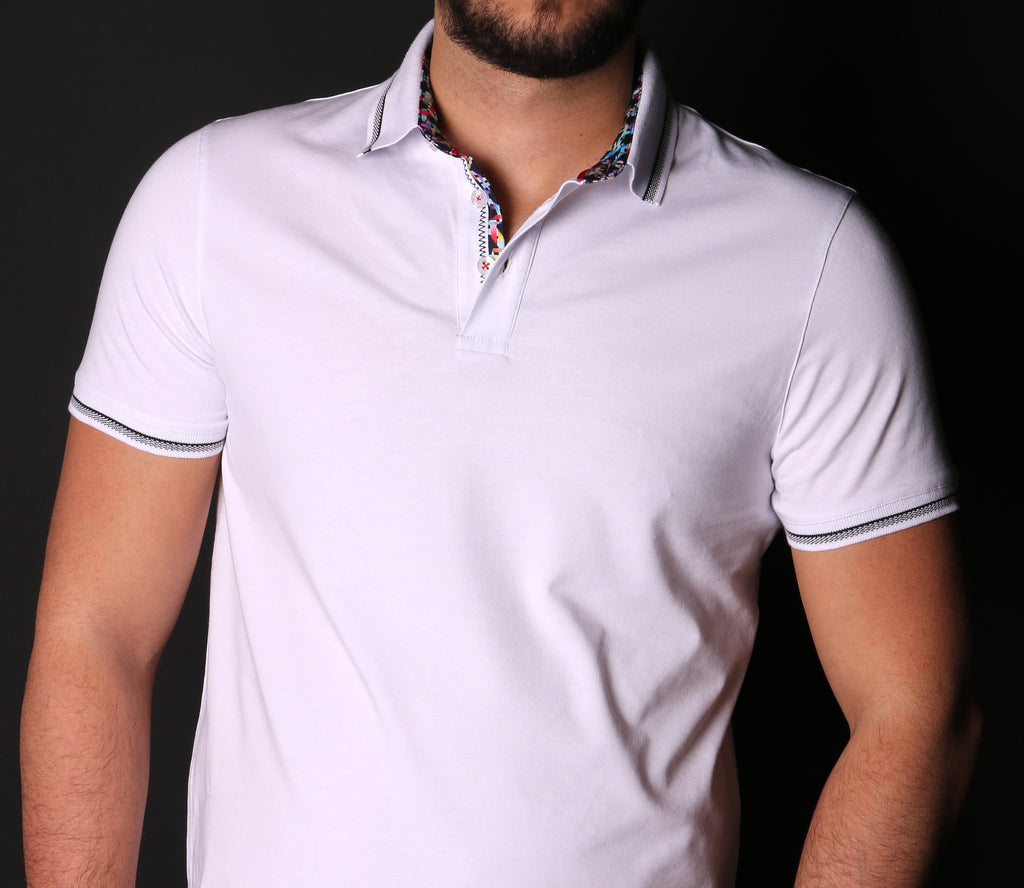 White Polo With Colorful Trim In Collar Polos EightX WHITE S 