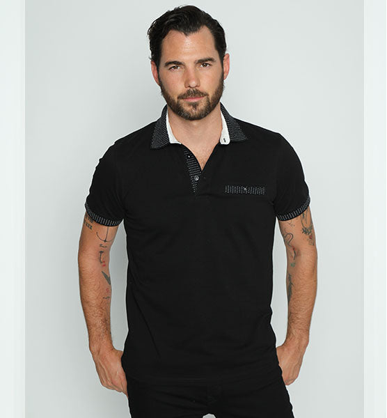 Black Pocket Polo With Dot Trim Polos EightX   