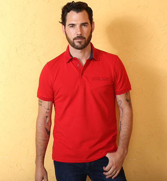 Red Pocket Polo With Dot Trim Polos EightX   