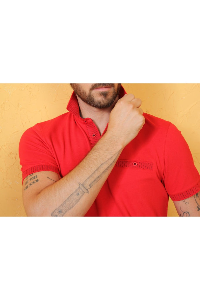 Red Pocket Polo With Dot Trim Polos EightX   