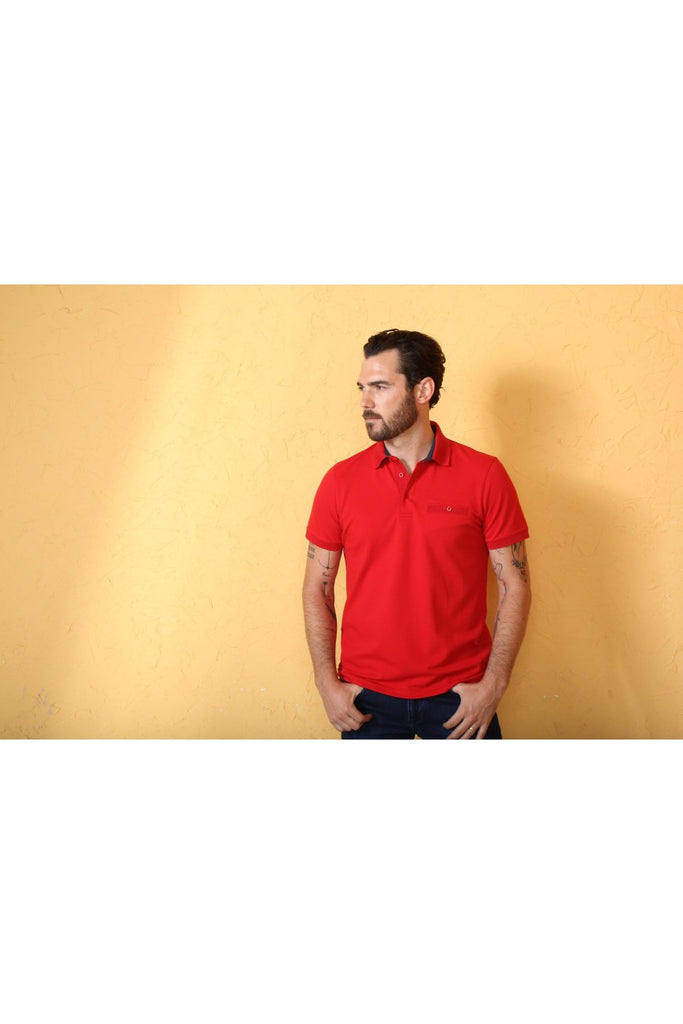 Red Pocket Polo With Dot Trim Polos EightX   