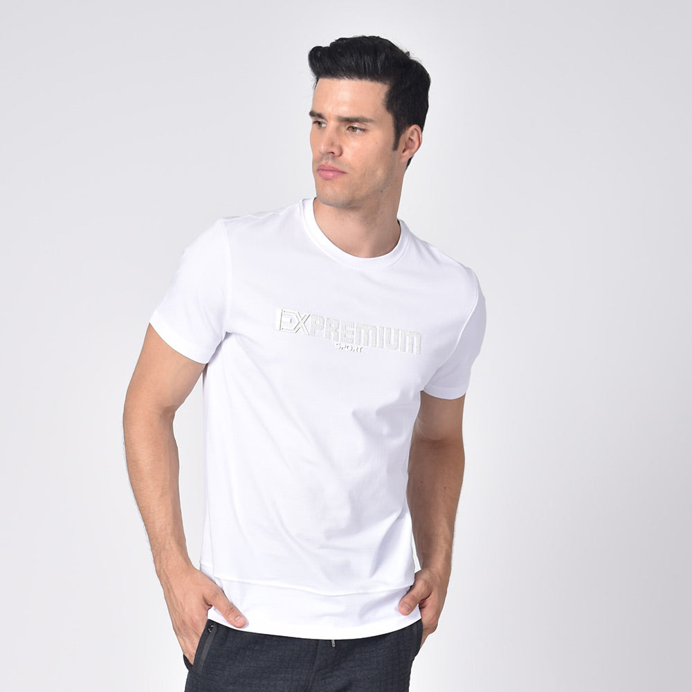Model in white, short-sleeve cotton crew-neck with silicone “EX Premium Sport” logo on front. 