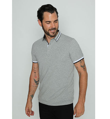 Grey Polo With White And Black Stripe Trim Polos EightX