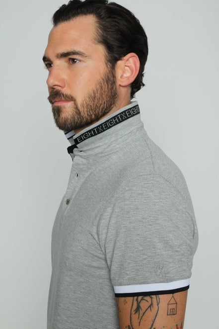 Grey Polo With White And Black Stripe Trim Polos EightX