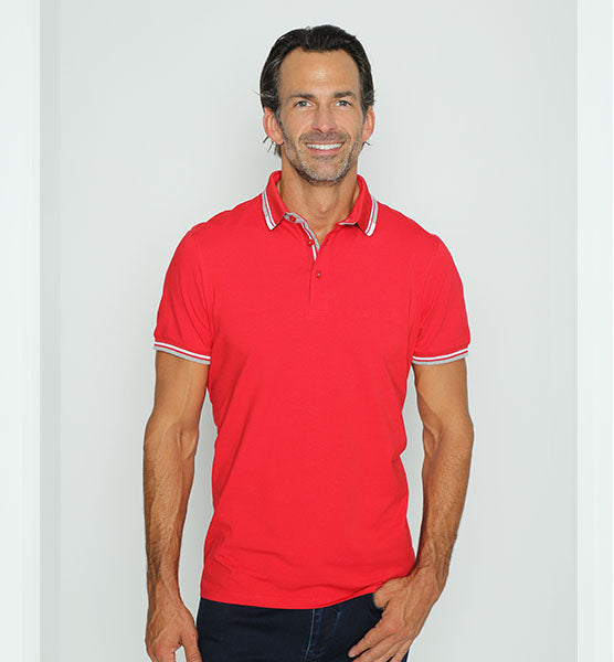 Red Polo With White And Grey Stripe Trim Polos EightX