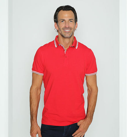 Red Polo With White And Grey Stripe Trim Polos EightX