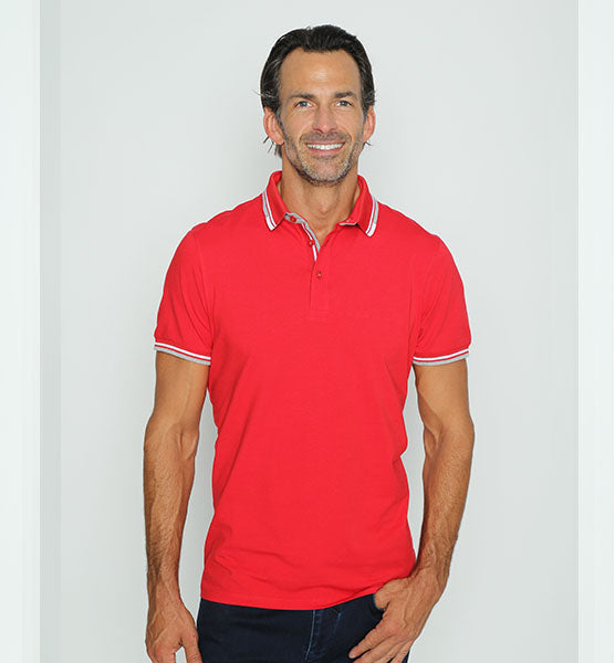 Red Polo With White And Grey Stripe Trim Polos EightX   