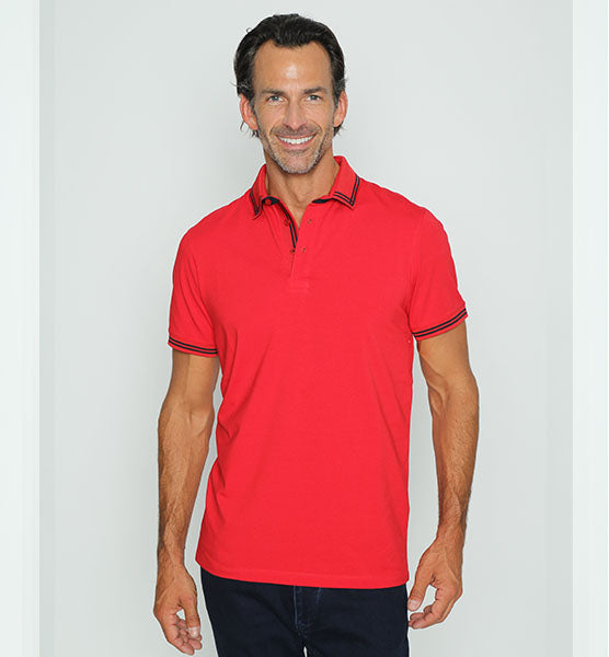 Red polo with tipped collar; two-button, black-trimmed placket; and striped, ribbed armbands.