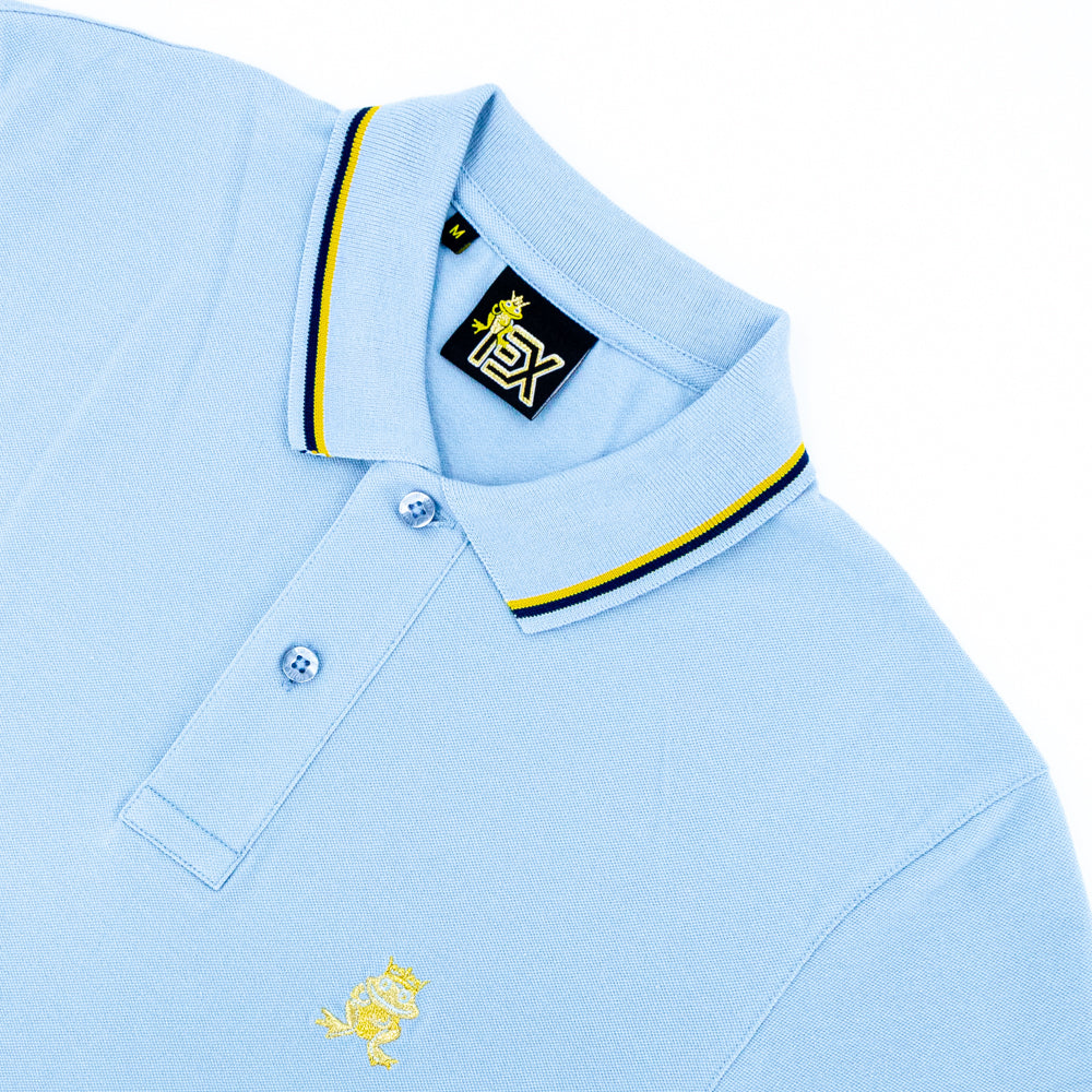 Light-blue polo with tipped collar, two-button placket, and striped, ribbed armbands. Featuring embroidered gold frog mascot.