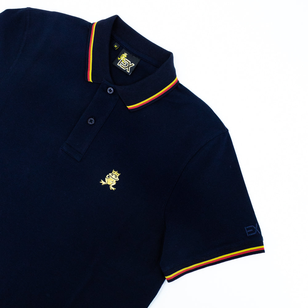 Navy-blue polo with tipped collar, two-button placket, and striped, ribbed armbands. Featuring embroidered gold frog mascot and embroidered EX Logo on left sleeve.