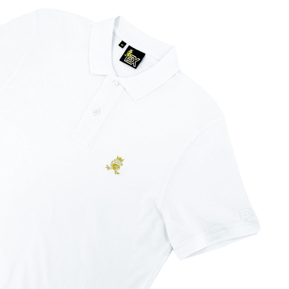 White polo polo with two-button placket, ribbed armbands, embroidered gold frog mascot, and embroidered EX logo on left sleeve.