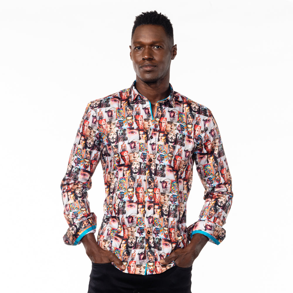 Model in button-up with digital print of painted portraits.