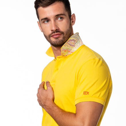Yellow Polo with Double Sided Multi colored Paisley Print Collar Polos Eight-X