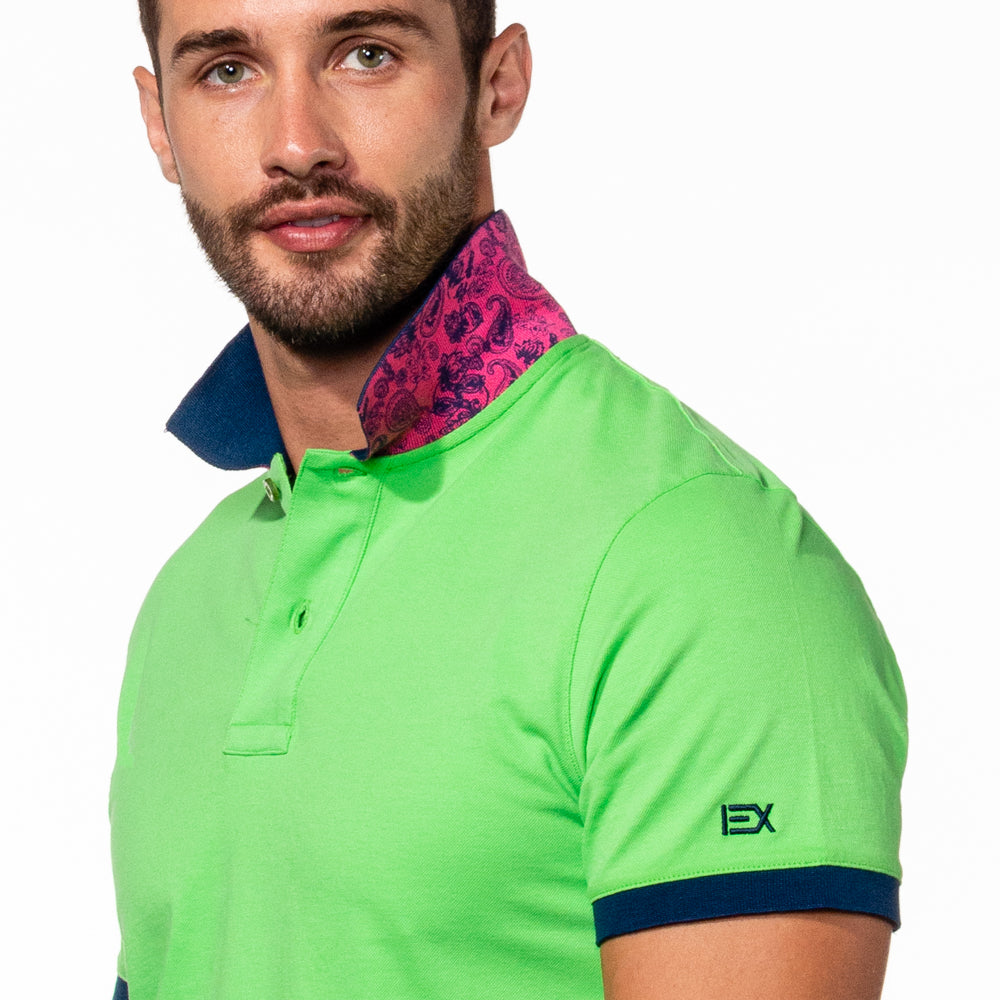 Green Polo with Double Sided Navy and Fuchsia Paisley Print Collar Polos Eight-X   