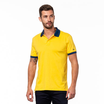 Yellow Polo with Double Sided Navy and Burgundy Grid Print Collar Polos Eight-X
