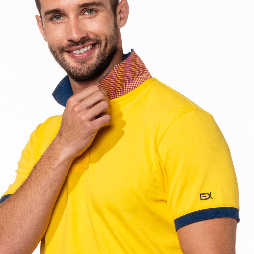 Yellow Polo with Double Sided Navy and Burgundy Grid Print Collar Polos Eight-X