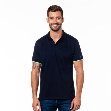 Navy Polo with Double Sided Collar with Green and White Ribbed Texture Polos Eight-X