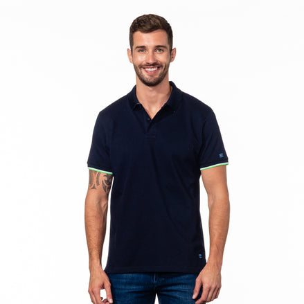 Navy Polo with Double Sided Collar with Green and White Ribbed Texture Polos Eight-X