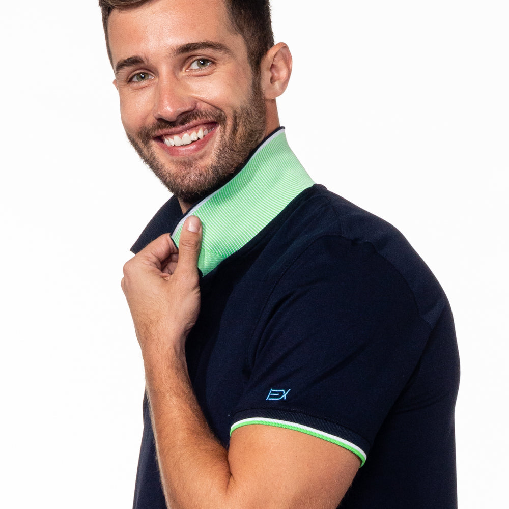 Navy Polo with Double Sided Collar with Green and White Ribbed Texture Polos Eight-X