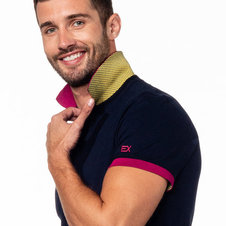 Navy Polo with Double Sided Fuchsia and Yellow Grid Print Collar Polos Eight-X