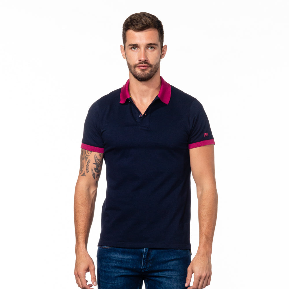 Navy Polo with Double Sided Fuchsia and Yellow Grid Print Collar Polos Eight-X
