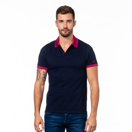 Navy Polo with Double Sided Fuchsia and Yellow Grid Print Collar Polos Eight-X