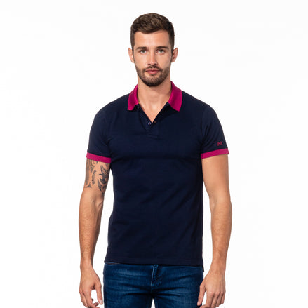 Navy Polo with Double Sided Fuchsia and Yellow Grid Print Collar Polos Eight-X