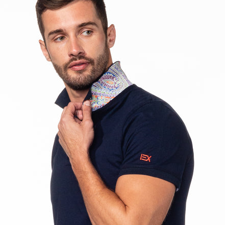 Navy Polo with Double Sided Multi colored Paisley Print Collar Polos Eight-X