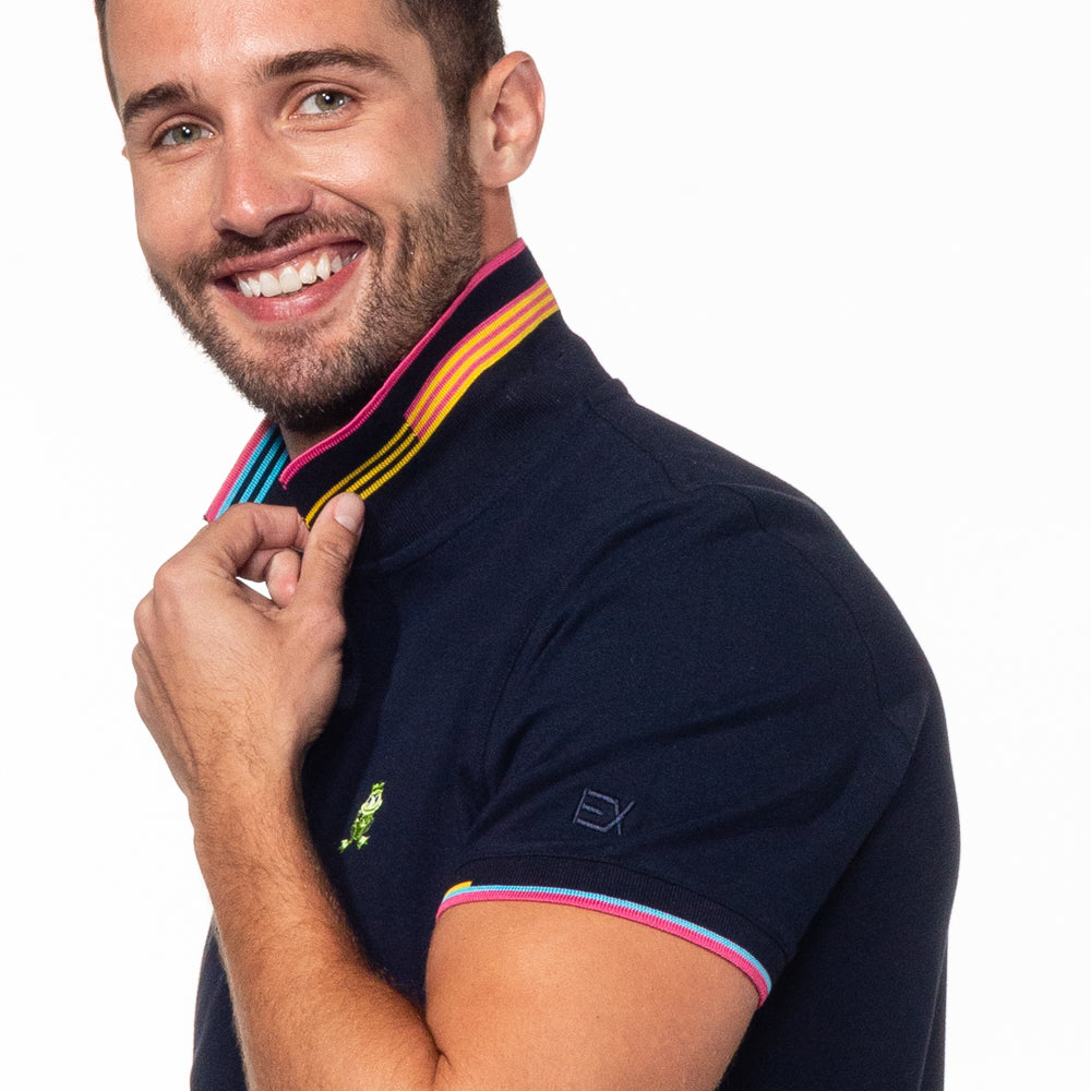 Close-up of model showing reversible collar and tri-stripe design on back.