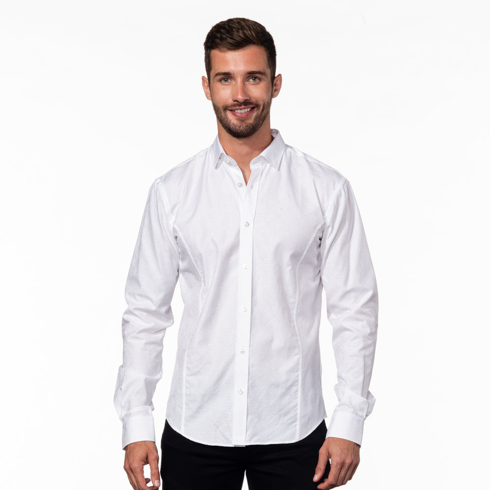 White Jacquard Shirt With Lilac Trim Long Sleeve Button Down EightX   