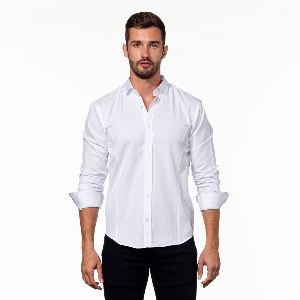 White Jacquard Shirt With Aqua Trim Long Sleeve Button Down EightX   