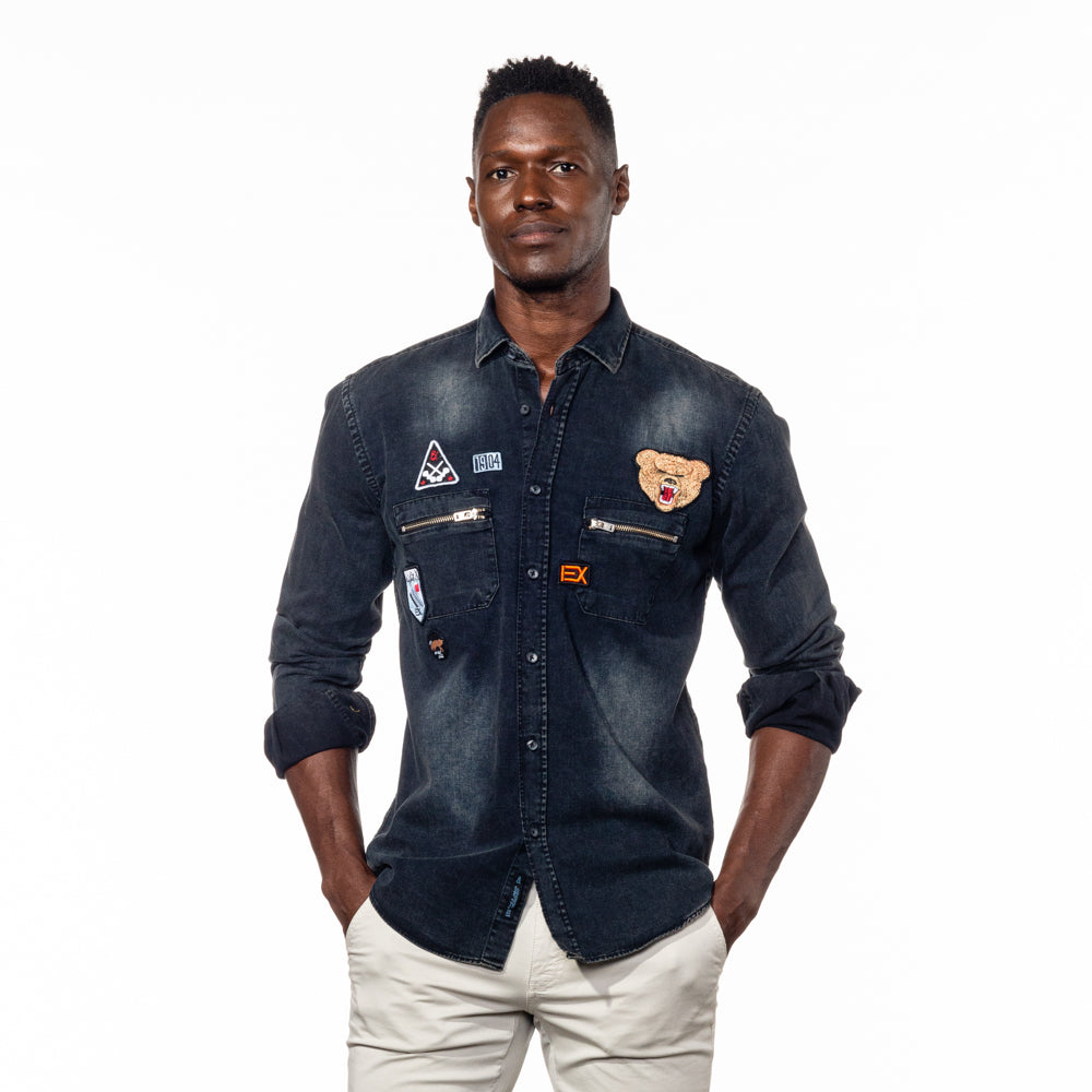 Black Grizzly Bear Denim Button Down Shirt Long Sleeve Button Down Eight-X BLACK S 