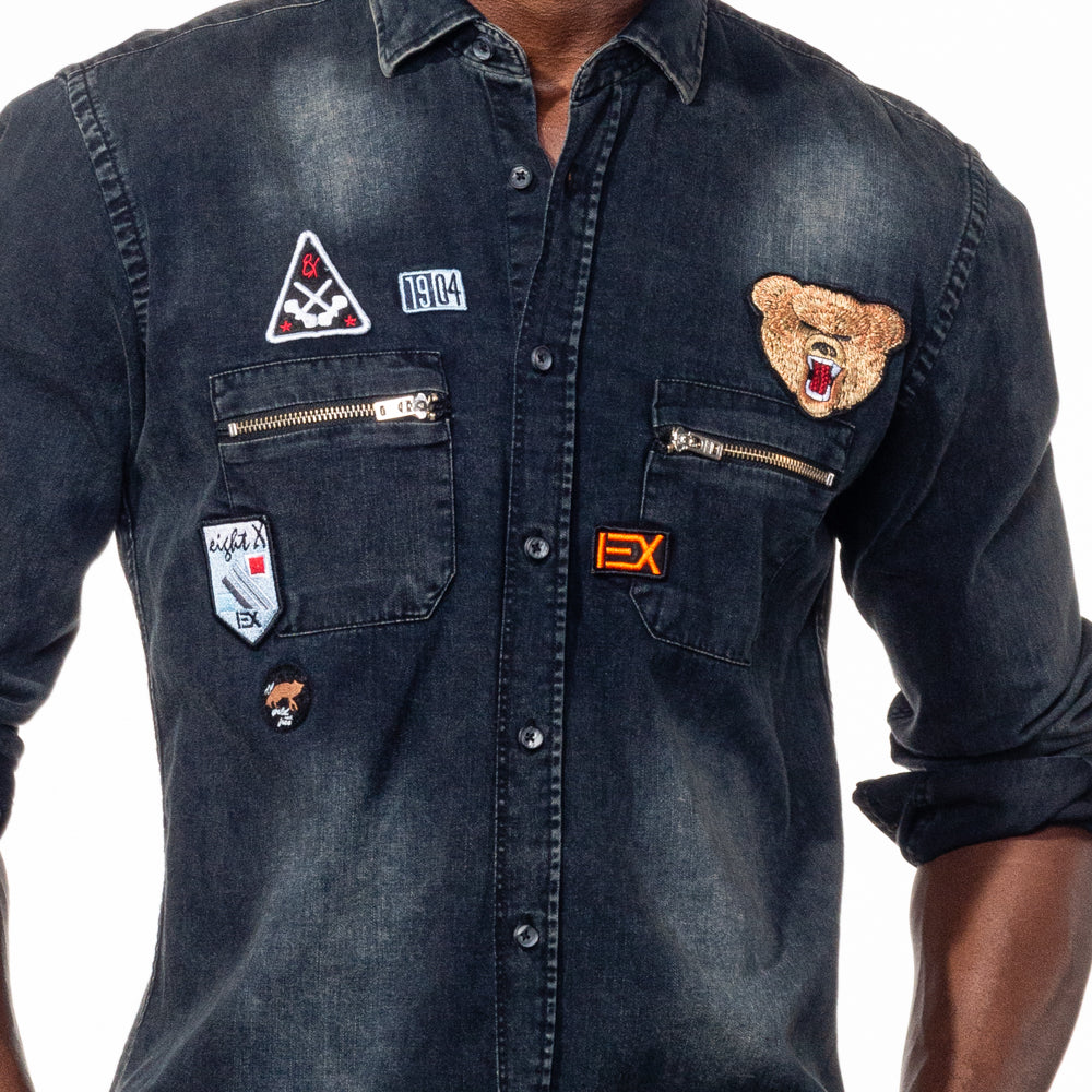 Black Grizzly Bear Denim Button Down Shirt Long Sleeve Button Down Eight-X   