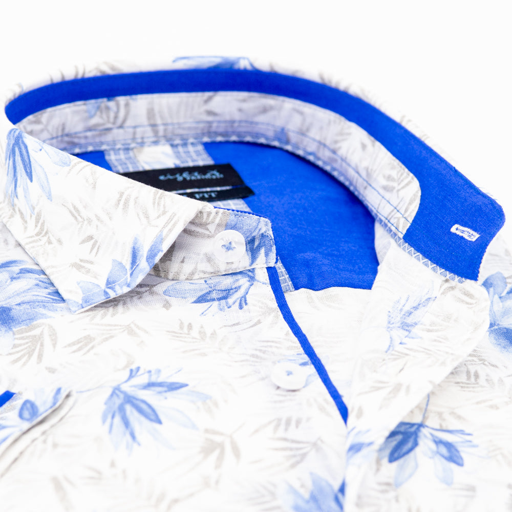 Detail of linen collar with royal blue trim.